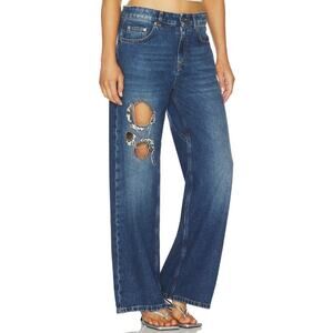 NWT Area Crystal Chain Cutout Relaxed Jean Medium Blue Denim Womens Size 25